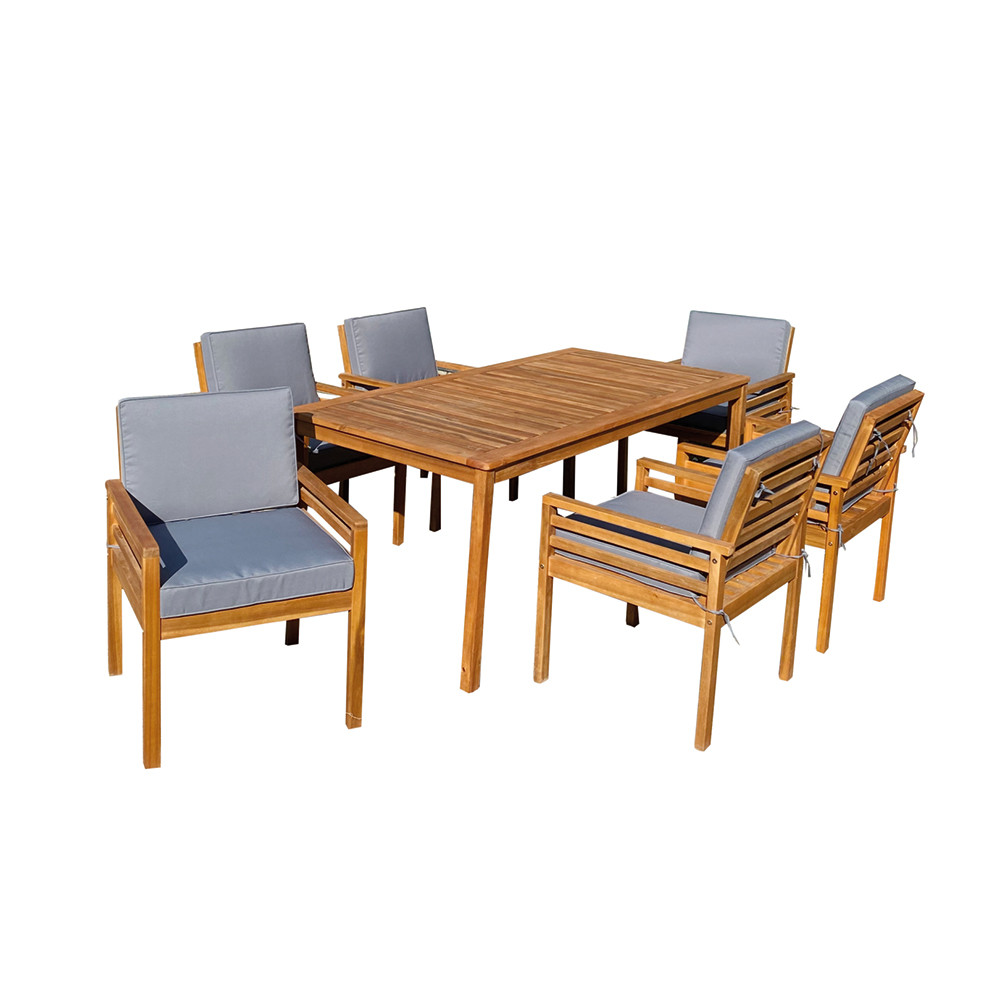 Conjunto de jantar Mesa retangular e 6 cadeiras com almofadas Orlando Acacia Wood 7house Conjuntos de mesas e cadeiras para exte